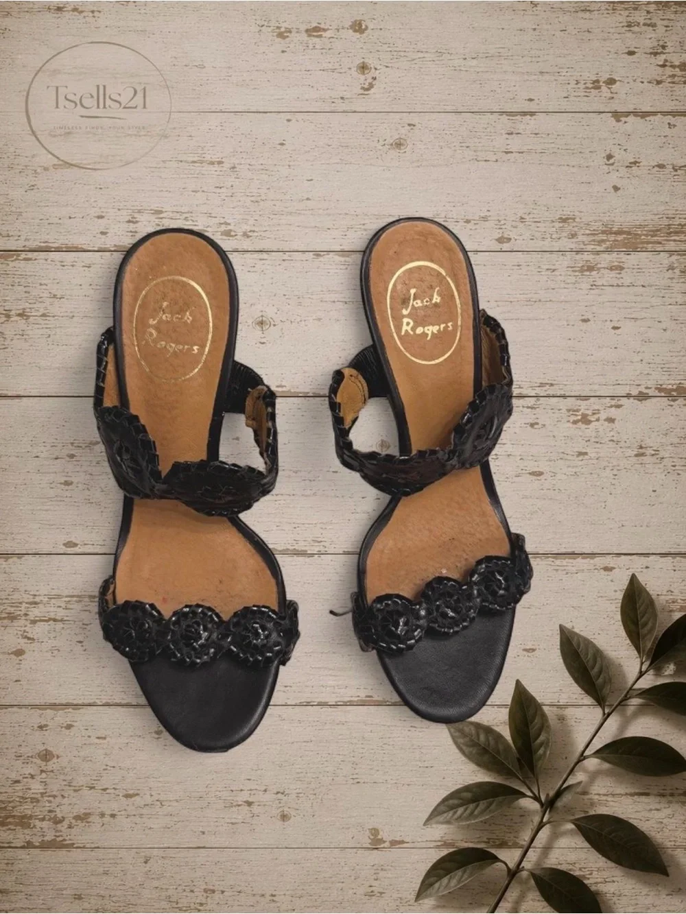 Jack Rogers Black Leather Medallion Wedge Sandals - Size 6.5